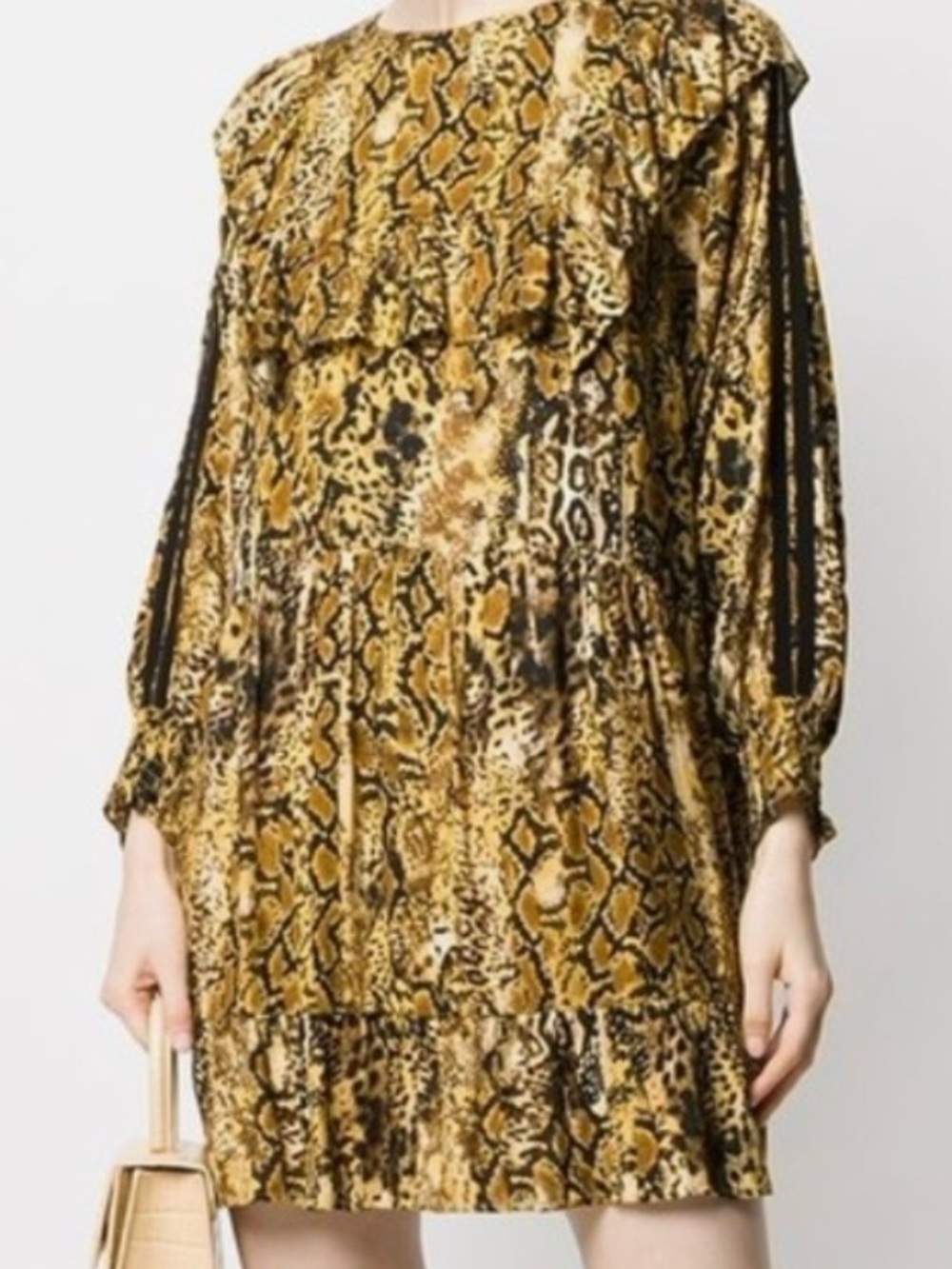 ba&sh Yellow Snake-Print Mini Dress with Black Sleeve Accents